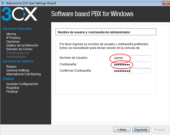 usuario y contrseña para el 3cx