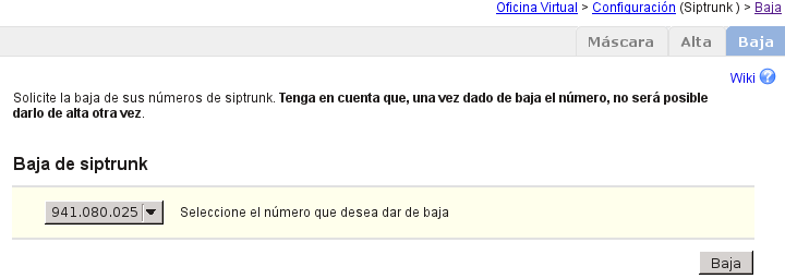 baja del sip trunk